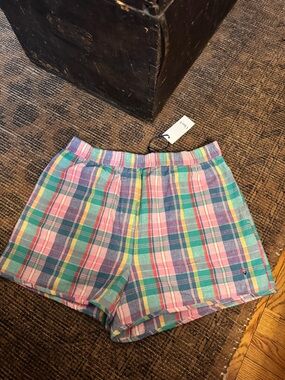 Clare V. St. Martin Plaid Cotton Pull-On Shorts in Pink and Green